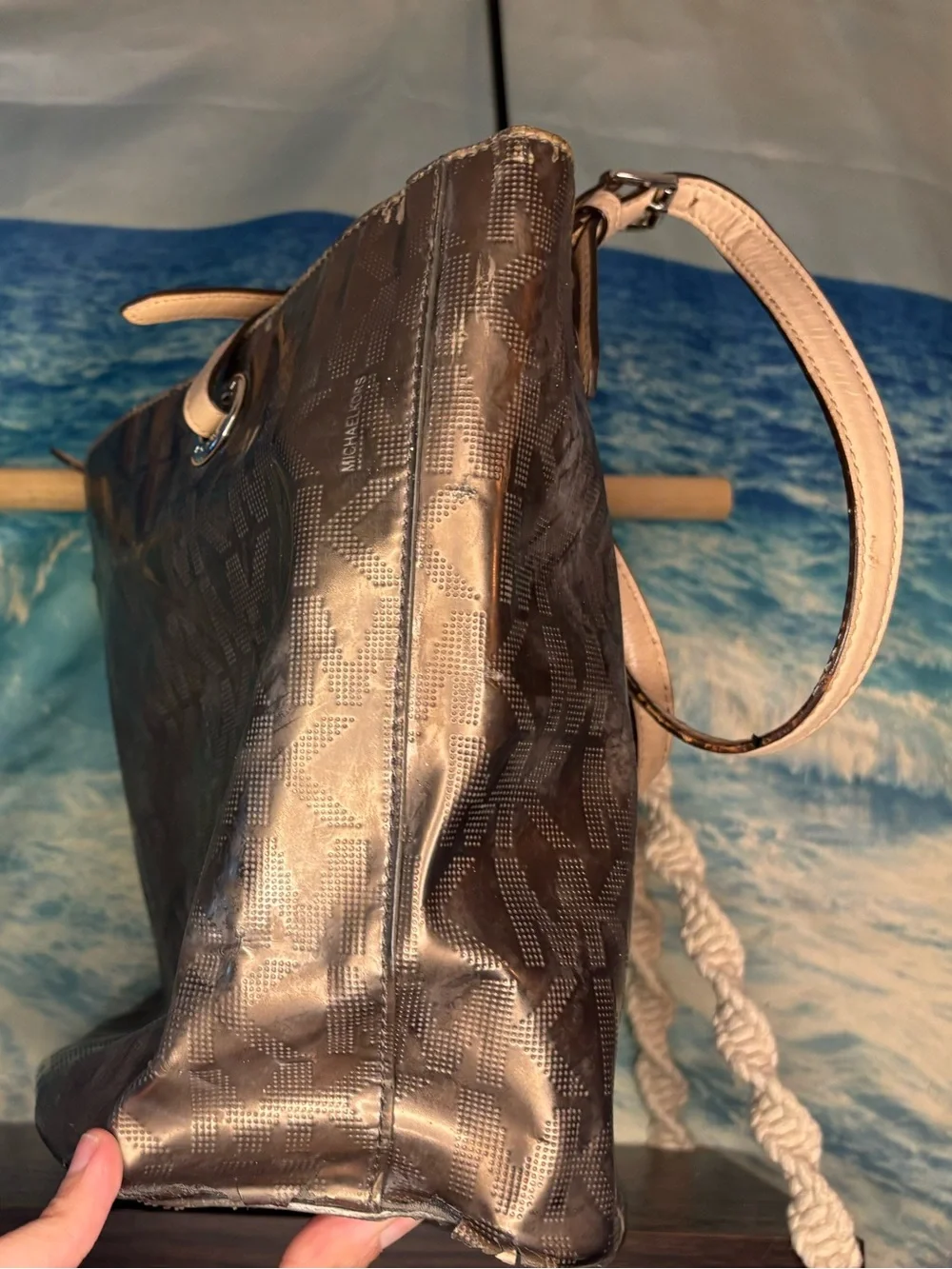 Michael Kors Metallic Bronze MK Tote with Tan Handles